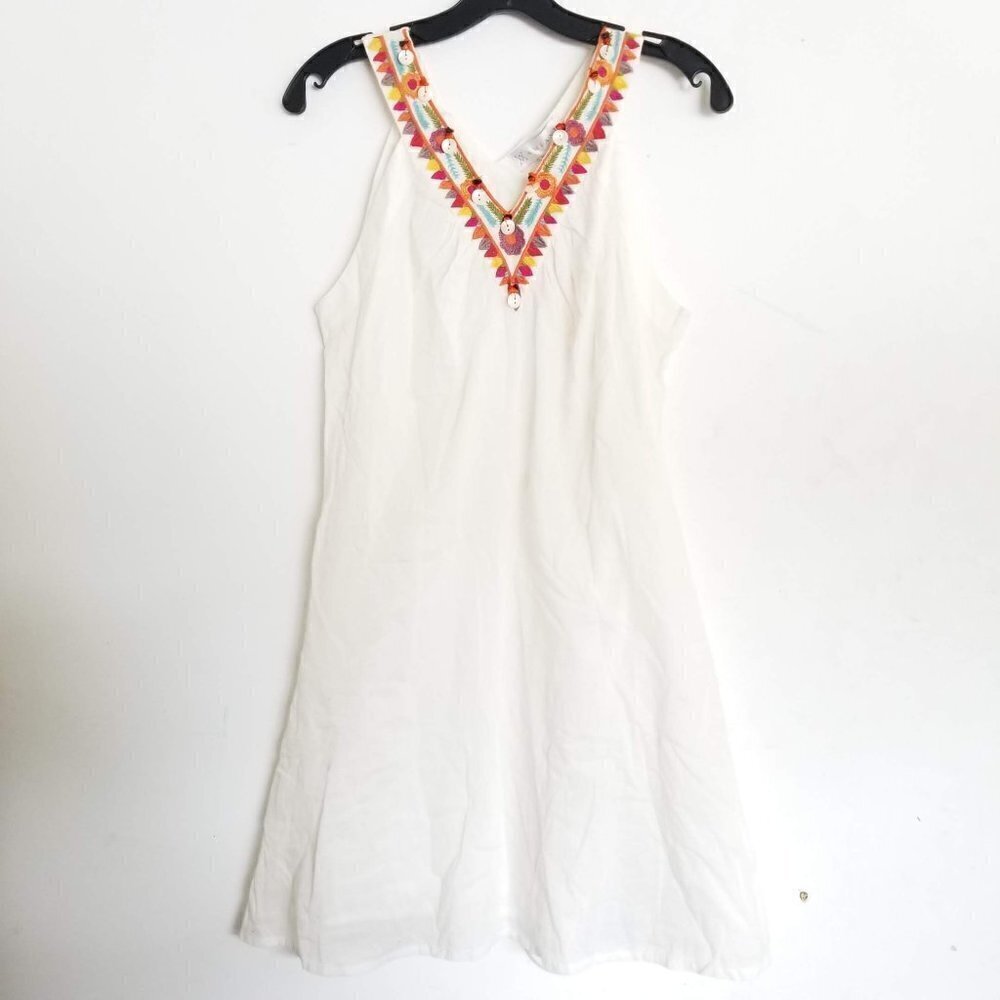 NEW Amiani Sleeveless Halter Button Embroidered Aztec Boho Sheath Dress Size XS
